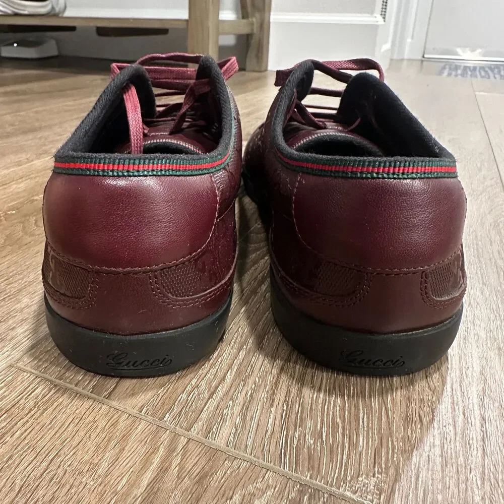Gucci Men's Leather Low Top GG Monogram Sneakers Maroon Size 8 G / US Men's 9